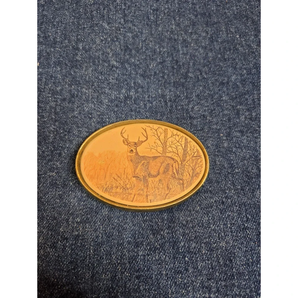 Vintage Solid Brass Bartow Co. Deer Stag Belt Buckle - Etched Scene